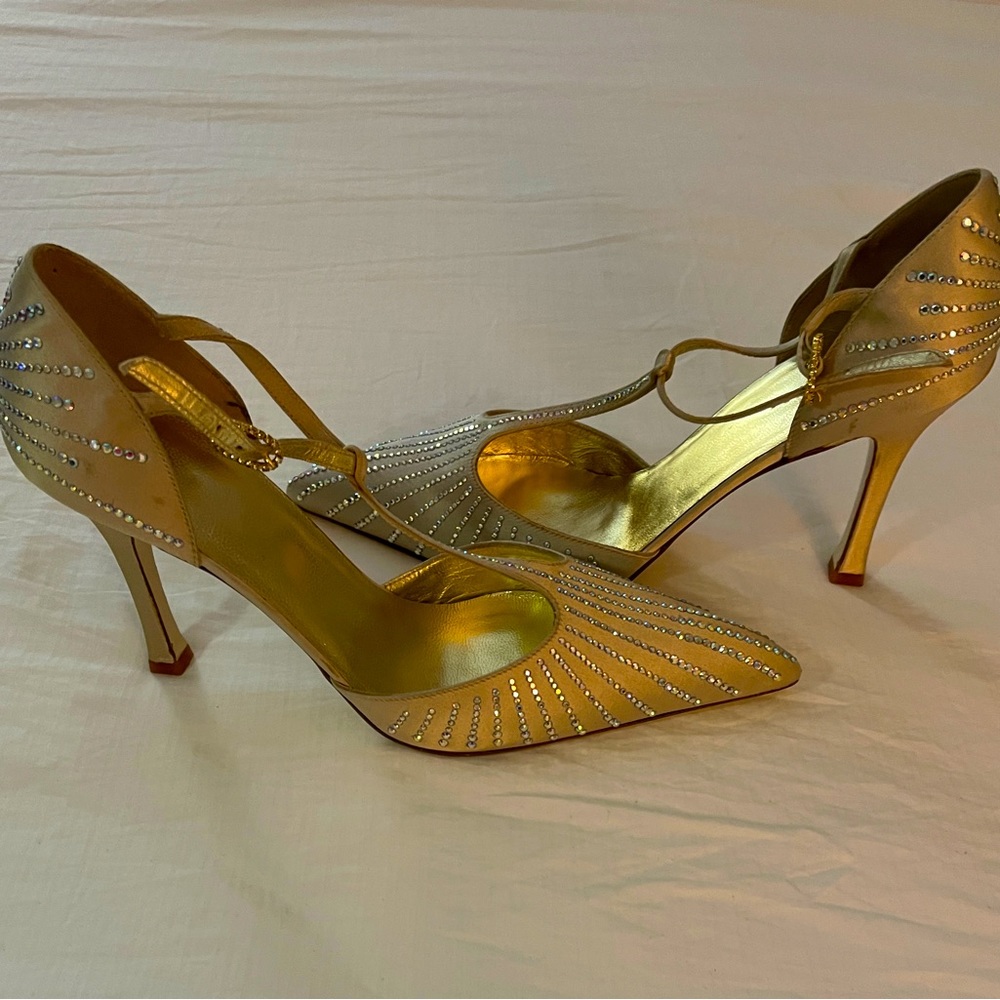 Delman T-strap Beige Satin Heels